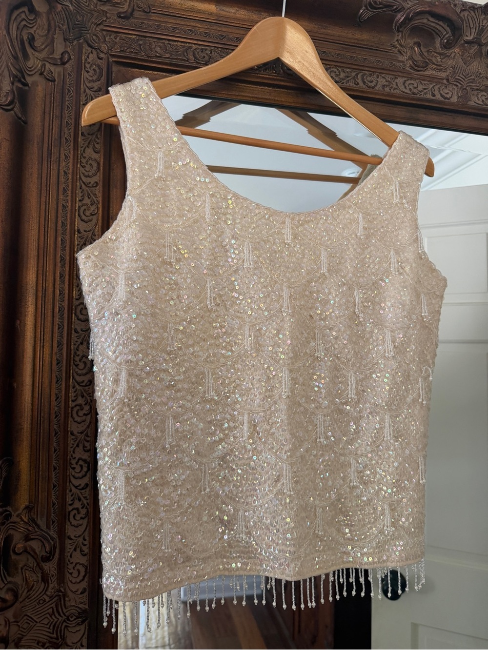 Vintage Ivory Beaded Sleeveless Top with Fringe - Picture 2 of 7